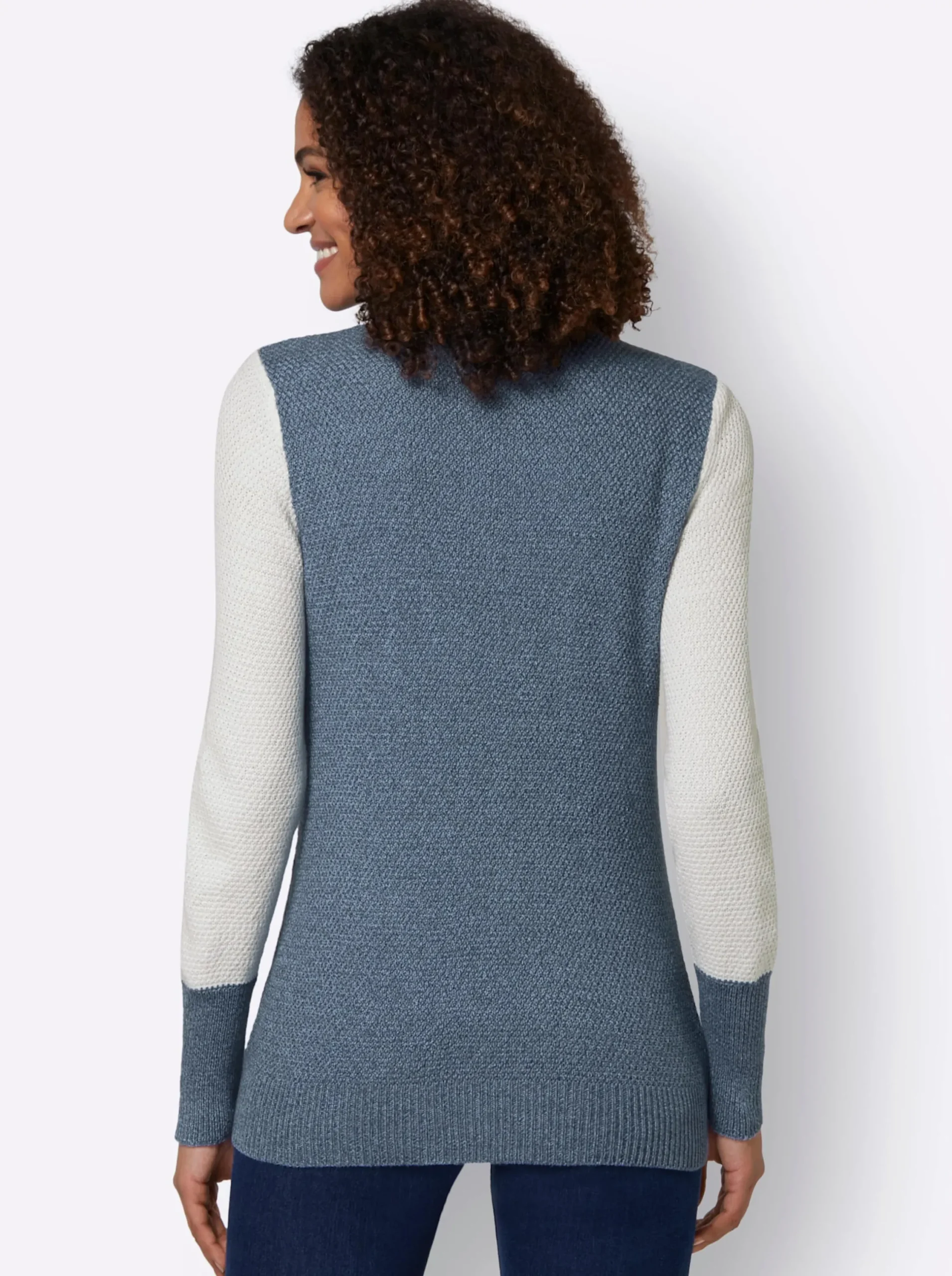 Pullover| Langarm-Pullover rauchblau-ecru-meliert