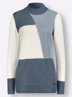 Pullover| Langarm-Pullover rauchblau-ecru-meliert