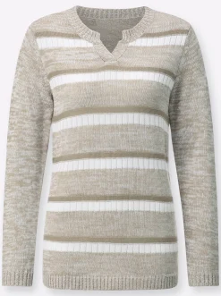 Pullover| Langarm-Pullover im Ringel-Dessin sesam-weiß-gemustert