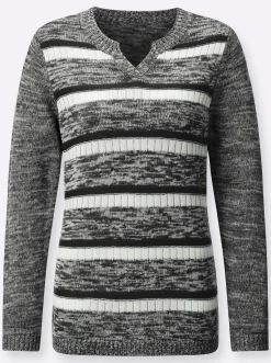 Pullover| Langarm-Pullover im Ringel-Dessin schwarz-weiß-gemustert