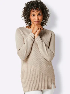 Pullover|CREATION L PREMIUM Langarm-Pullover in Rippenstrick beige-meliert