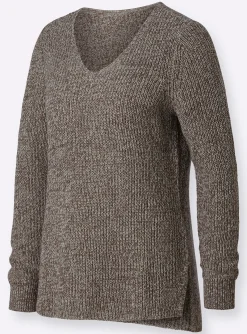 Pullover| Langarm-Pullover in Rippenstrick sesam-meliert