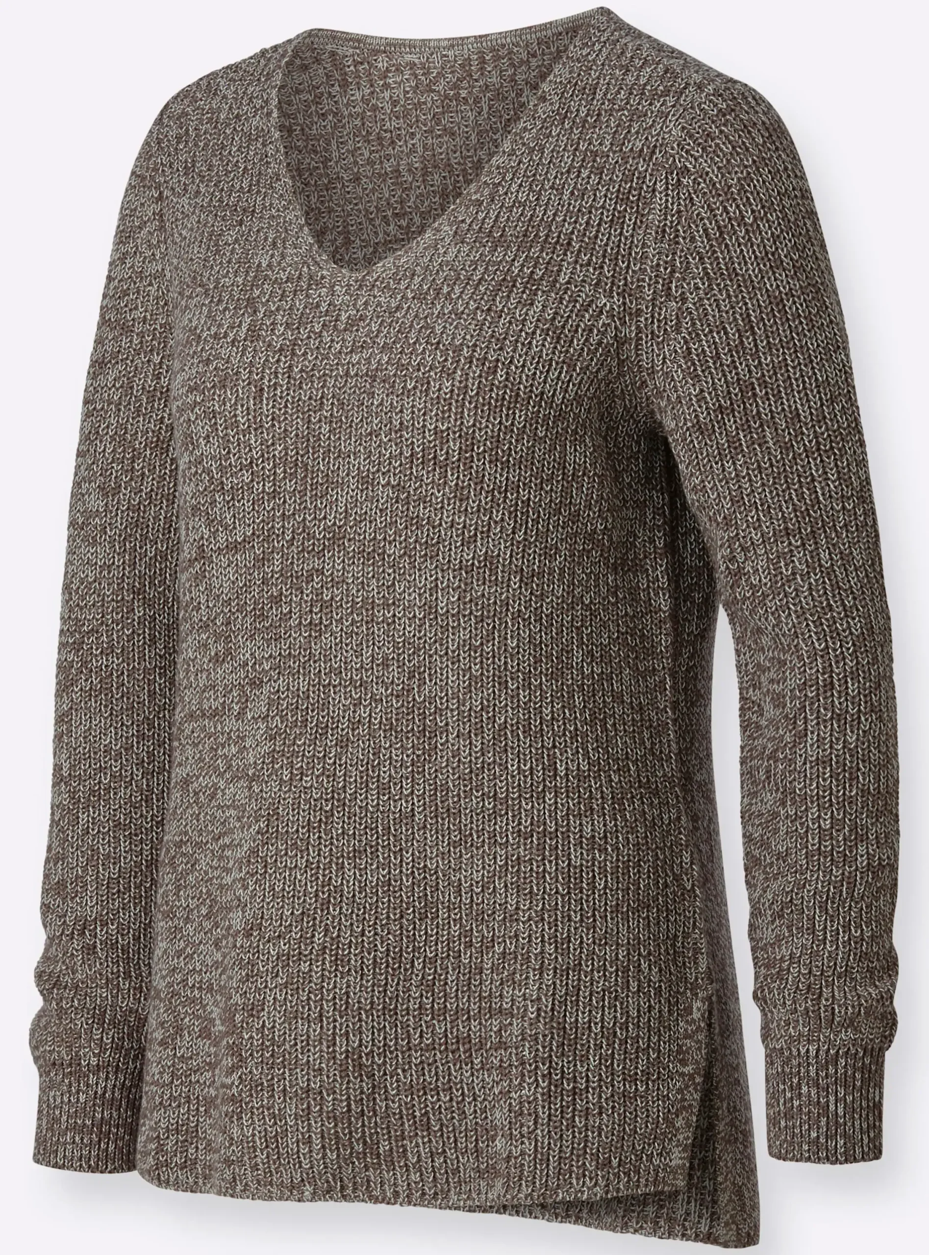 Pullover| Langarm-Pullover in Rippenstrick sesam-meliert