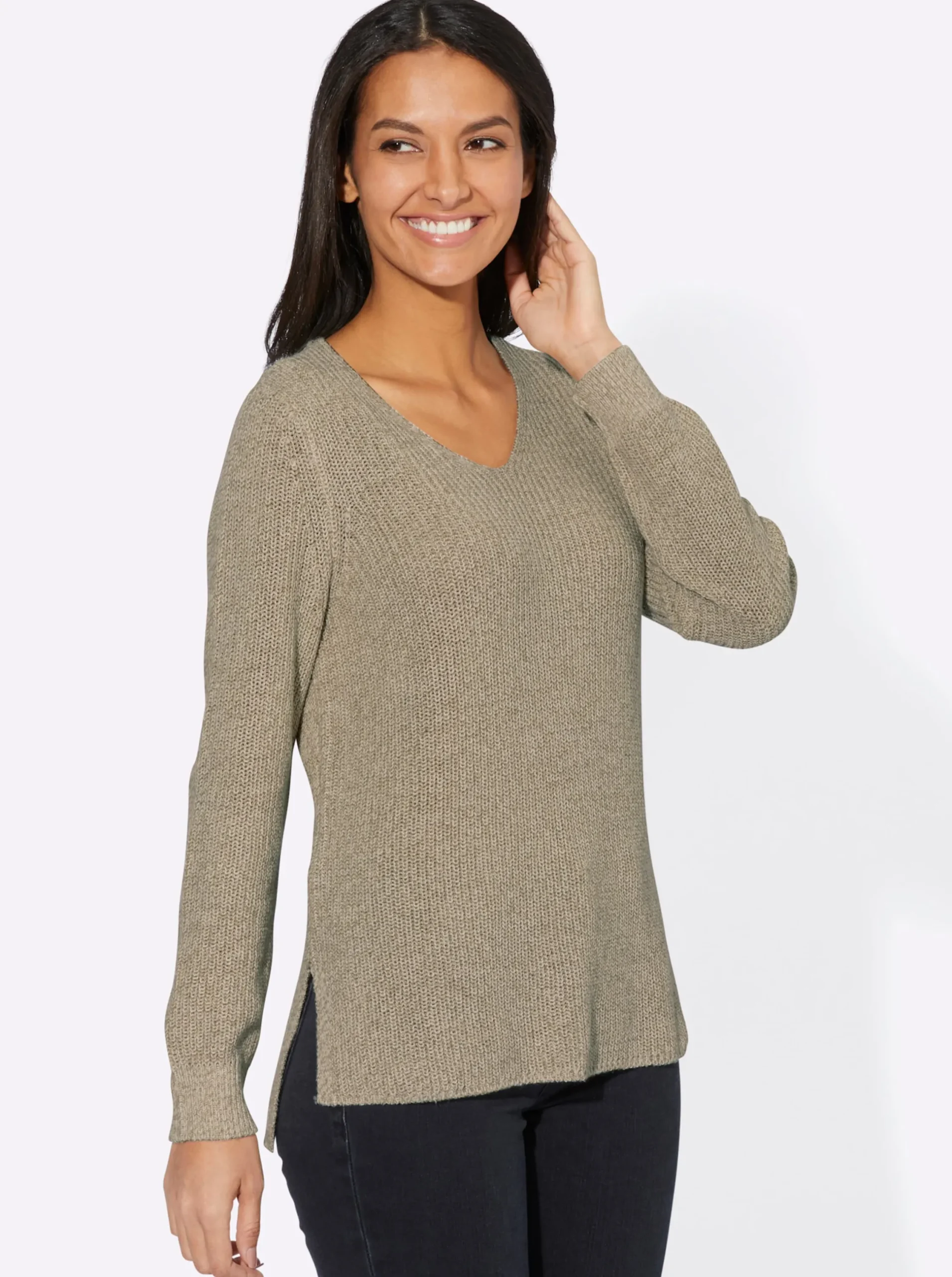 Pullover| Langarm-Pullover in Rippenstrick champagner-meliert