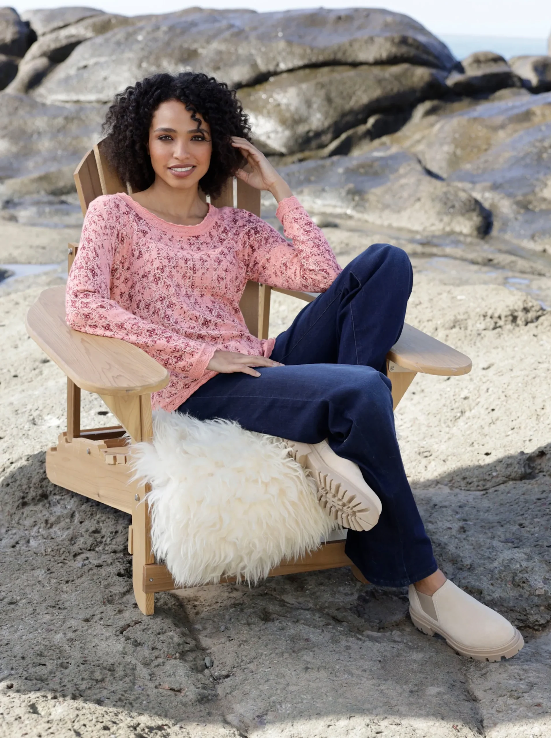 Pullover|heine Langarm-Pullover mit Ajour-Borte rosenquarz-champagner-bedruckt