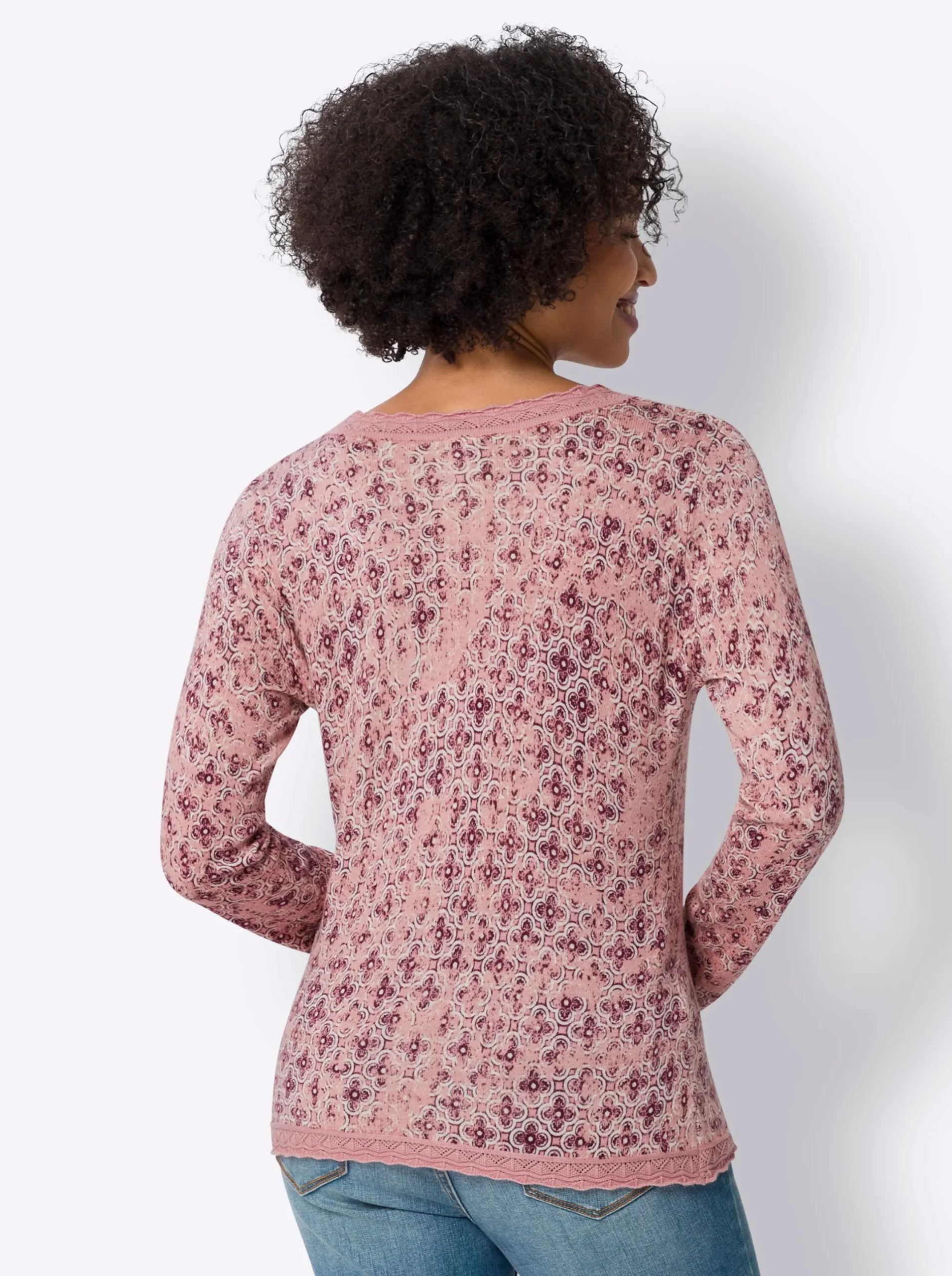 Pullover|heine Langarm-Pullover mit Ajour-Borte rosenquarz-champagner-bedruckt