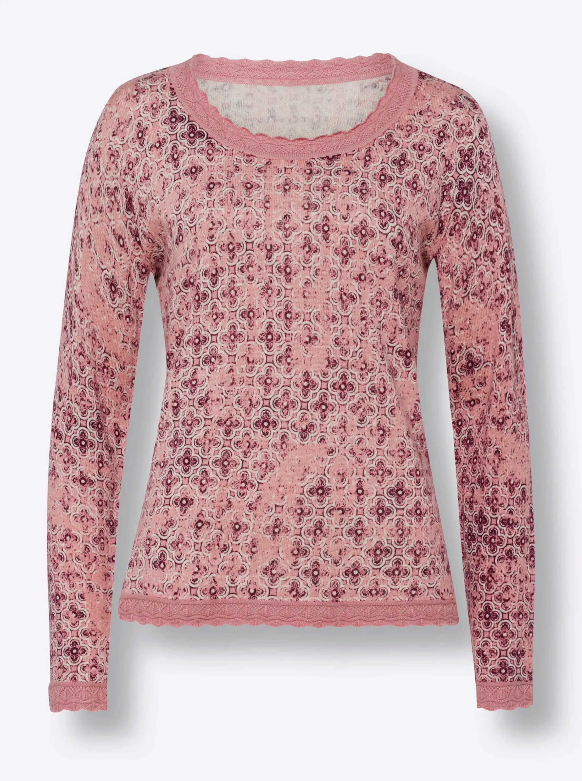 Pullover|heine Langarm-Pullover mit Ajour-Borte rosenquarz-champagner-bedruckt