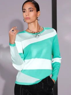 Pullover| Langarm-Pullover mit Glitzergarn ecru-blaugrün-gemustert