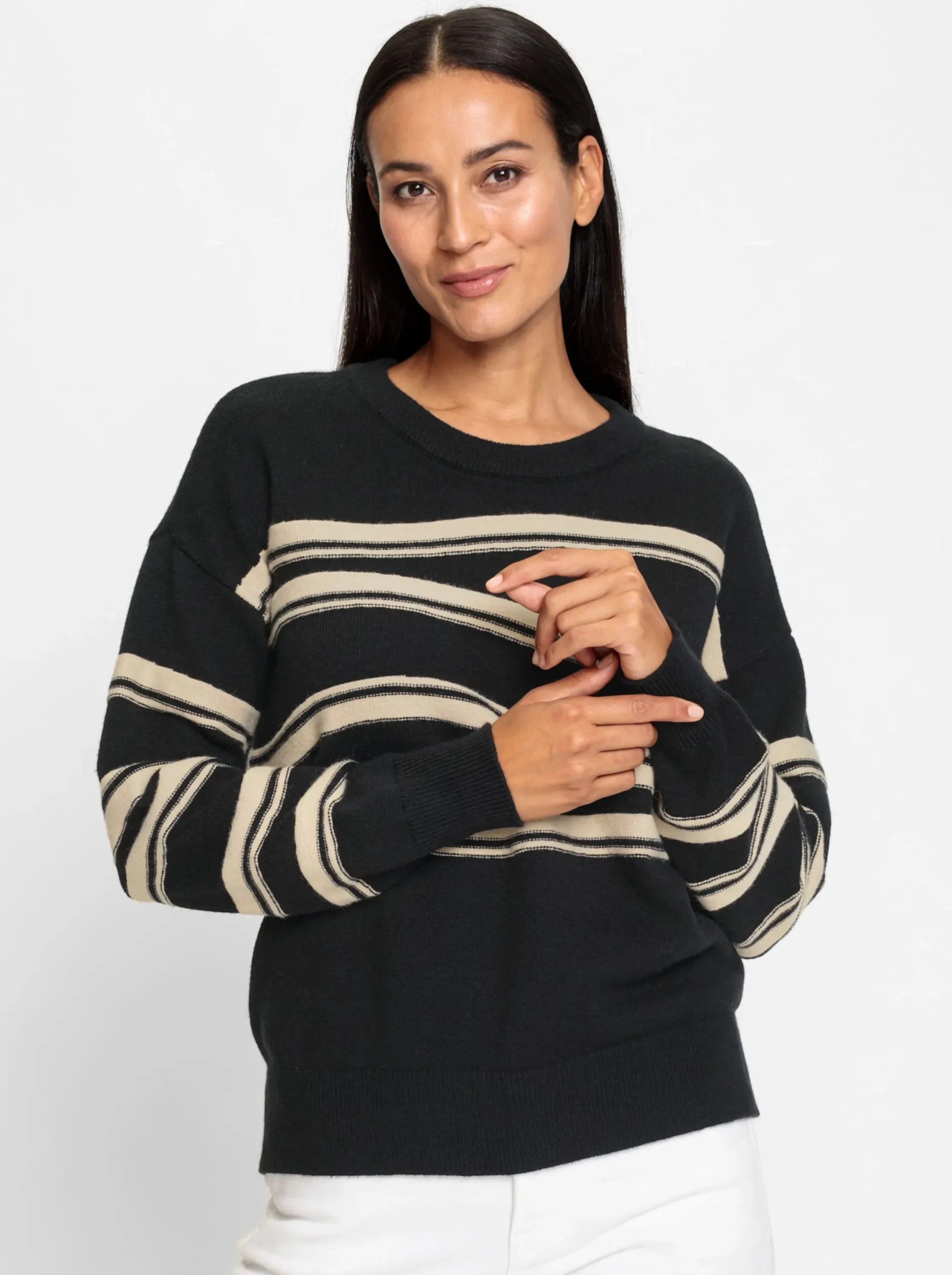 Pullover|heine Langarm-Pullover mit Intarsien-Strick schwarz-sand-gemustert