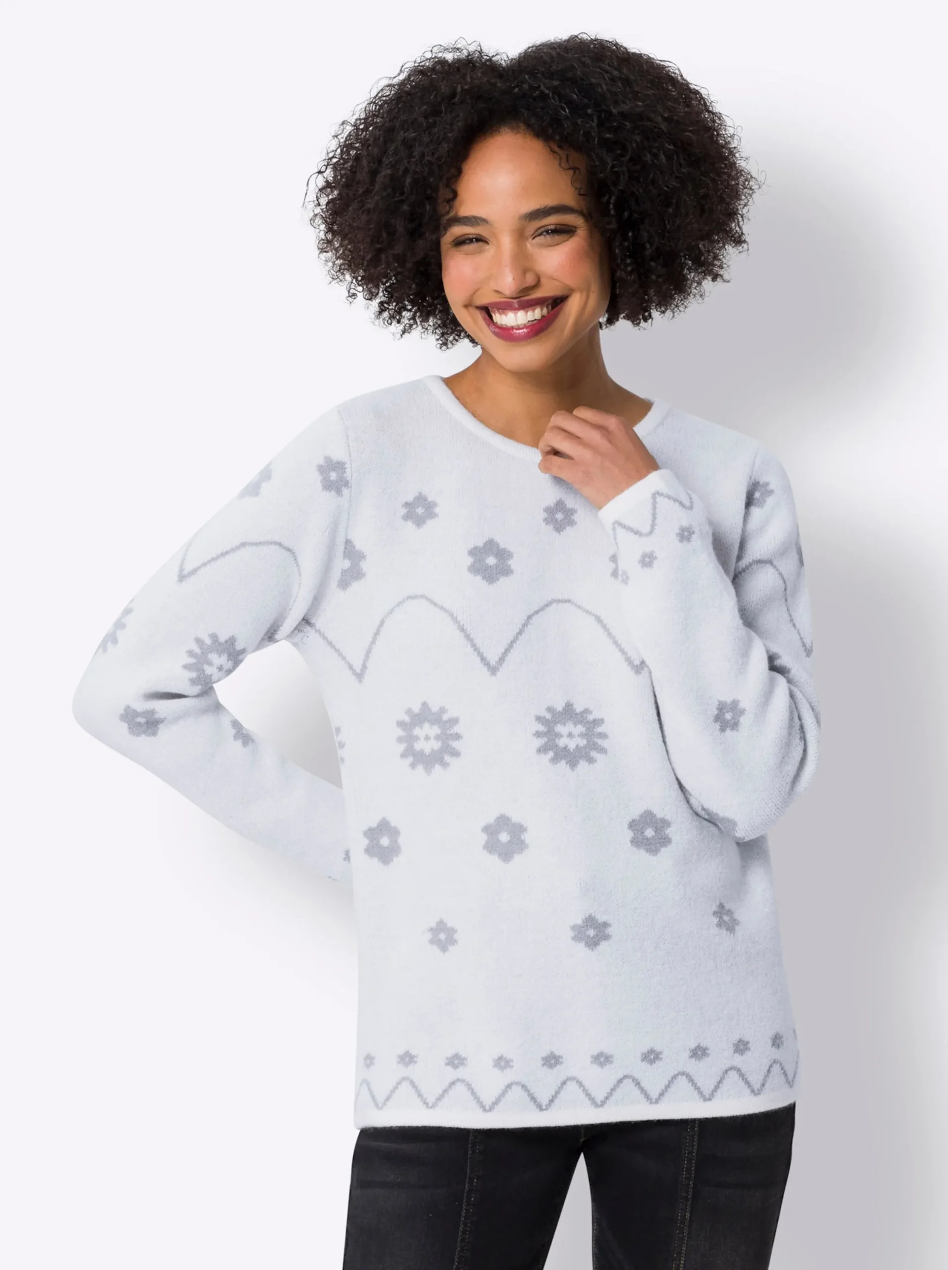 Pullover|heine Langarm-Pullover mit Jacquard-Dessin champagner-steingrau-gemustert