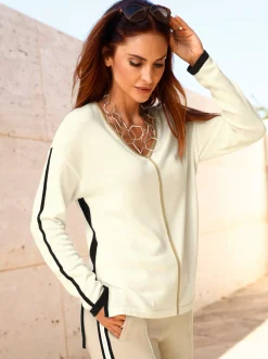 Pullover| Langarm-Pullover mit Kontraststreifen ecru