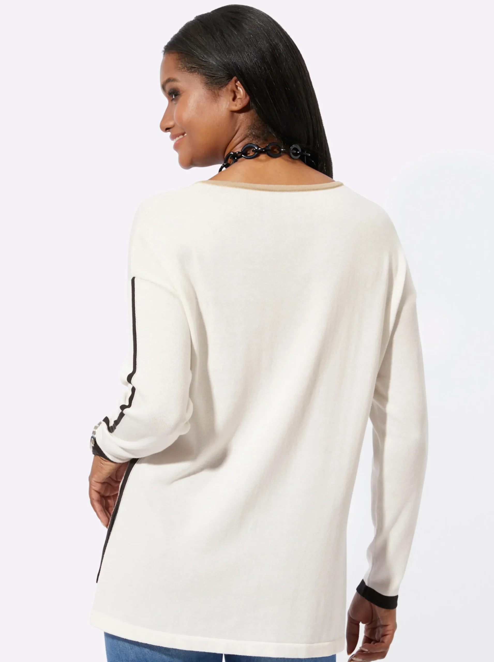 Pullover| Langarm-Pullover mit Kontraststreifen ecru