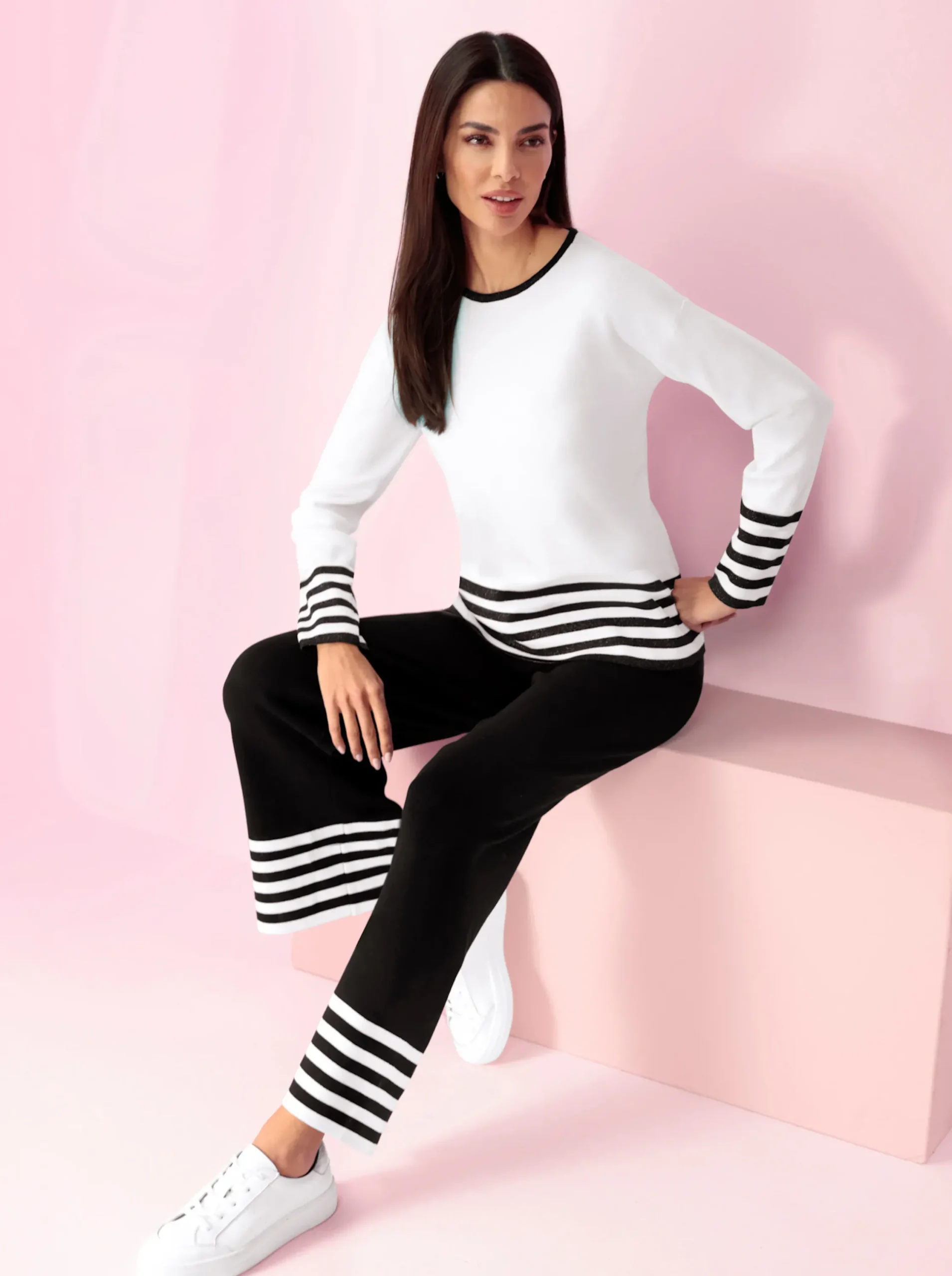Pullover|heine Langarm-Pullover mit Kontraststreifen ecru