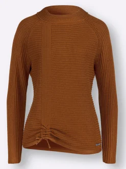 Pullover| Langarm-Pullover mit Raffung am Saum cognac