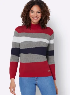 Pullover| Langarm-Pullover mit Ripp-Abschlüssen, kuschelig grau-rot-gemustert