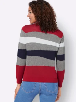 Pullover| Langarm-Pullover mit Ripp-Abschlüssen, kuschelig grau-rot-gemustert