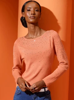 Pullover| Langarm-Pullover mit silberglänzenden Steinchen papaya