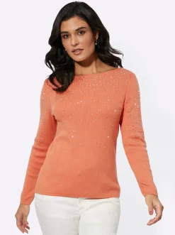 Pullover| Langarm-Pullover mit silberglänzenden Steinchen papaya
