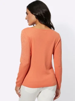 Pullover| Langarm-Pullover mit silberglänzenden Steinchen papaya