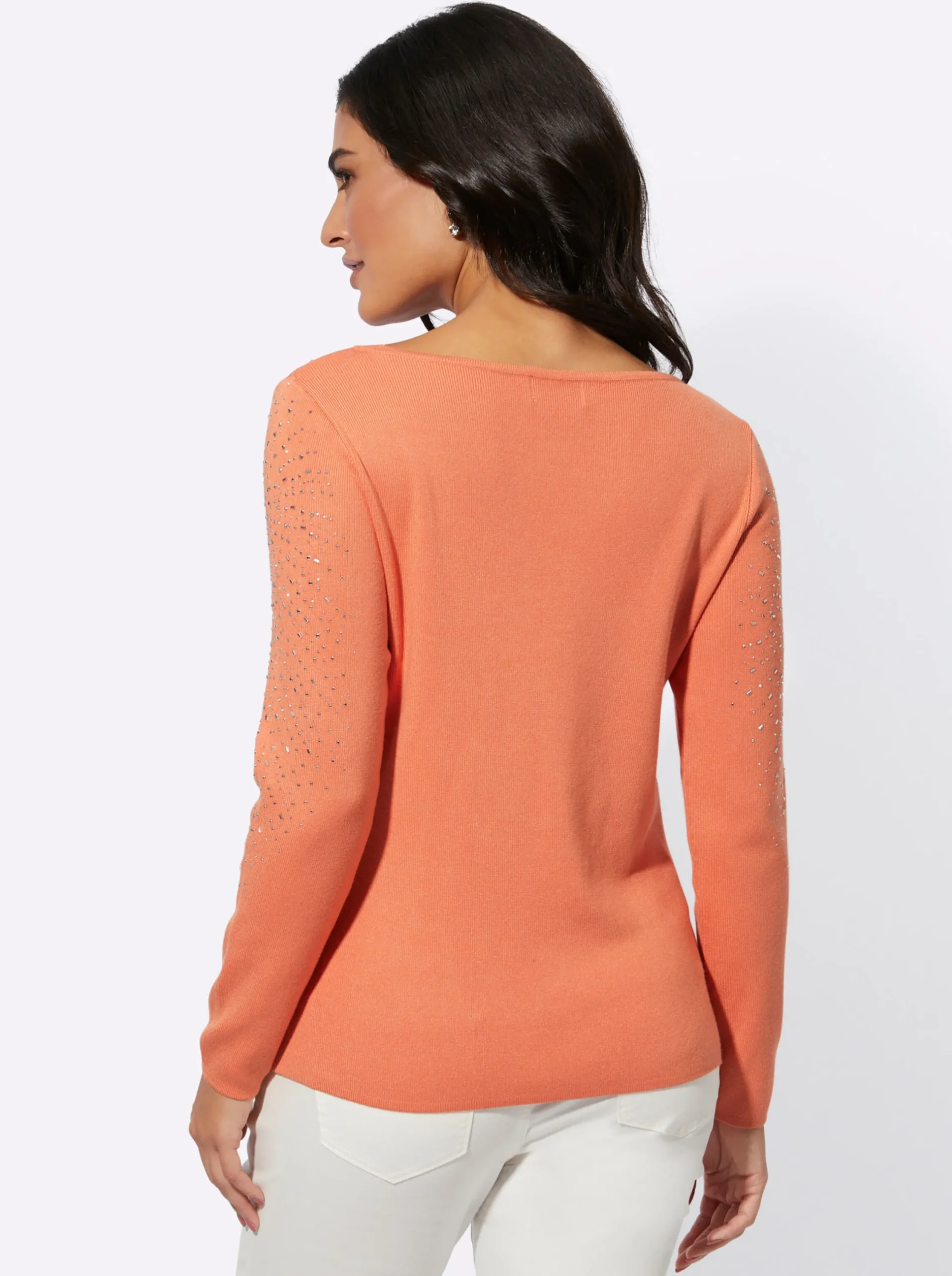 Pullover| Langarm-Pullover mit silberglänzenden Steinchen papaya