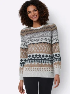 Pullover| Langarm-Pullover mit Strick-Mustern sesam-braun-gemustert
