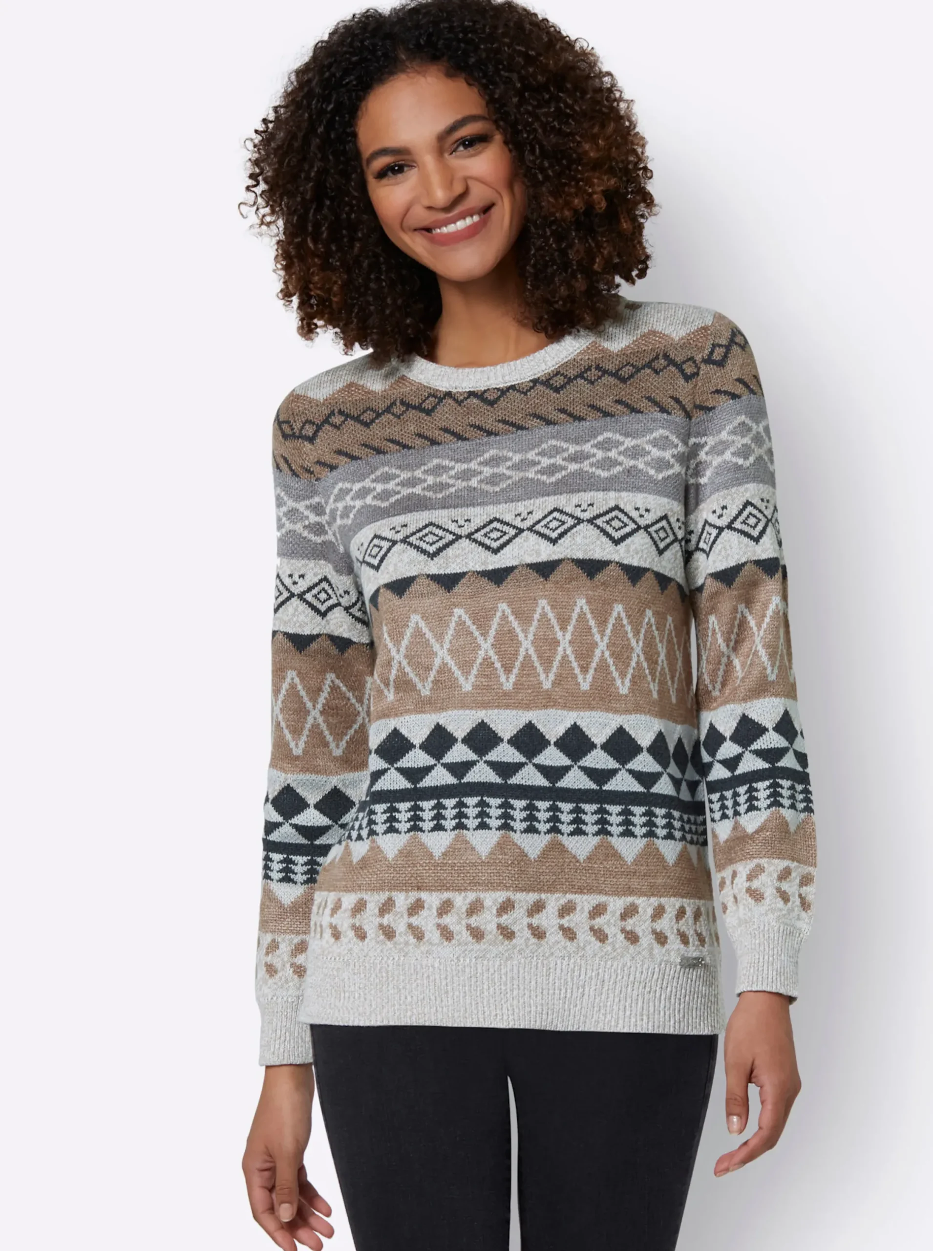 Pullover| Langarm-Pullover mit Strick-Mustern sesam-braun-gemustert