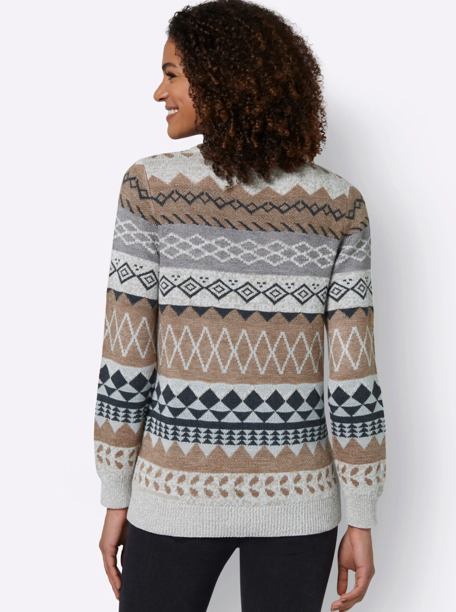 Pullover| Langarm-Pullover mit Strick-Mustern sesam-braun-gemustert