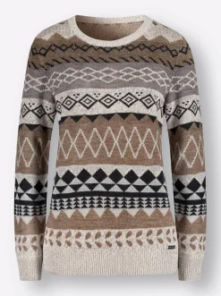 Pullover| Langarm-Pullover mit Strick-Mustern sesam-braun-gemustert
