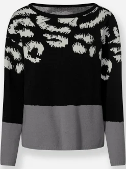 Pullover|heine Langarm-Pullover mit U-Boot-Ausschnitt grau-schwarz-gemustert