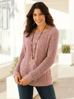 Pullover| Langarm-Pullover mit Zopfmuster vorne rosenholz-meliert