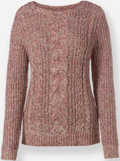 Pullover| Langarm-Pullover mit Zopfmuster vorne rosenholz-meliert