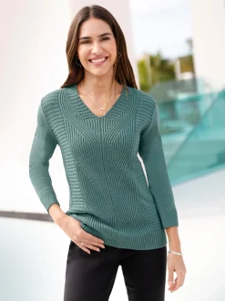 Pullover| Langarm-Pullover mit Zopfmuster jade