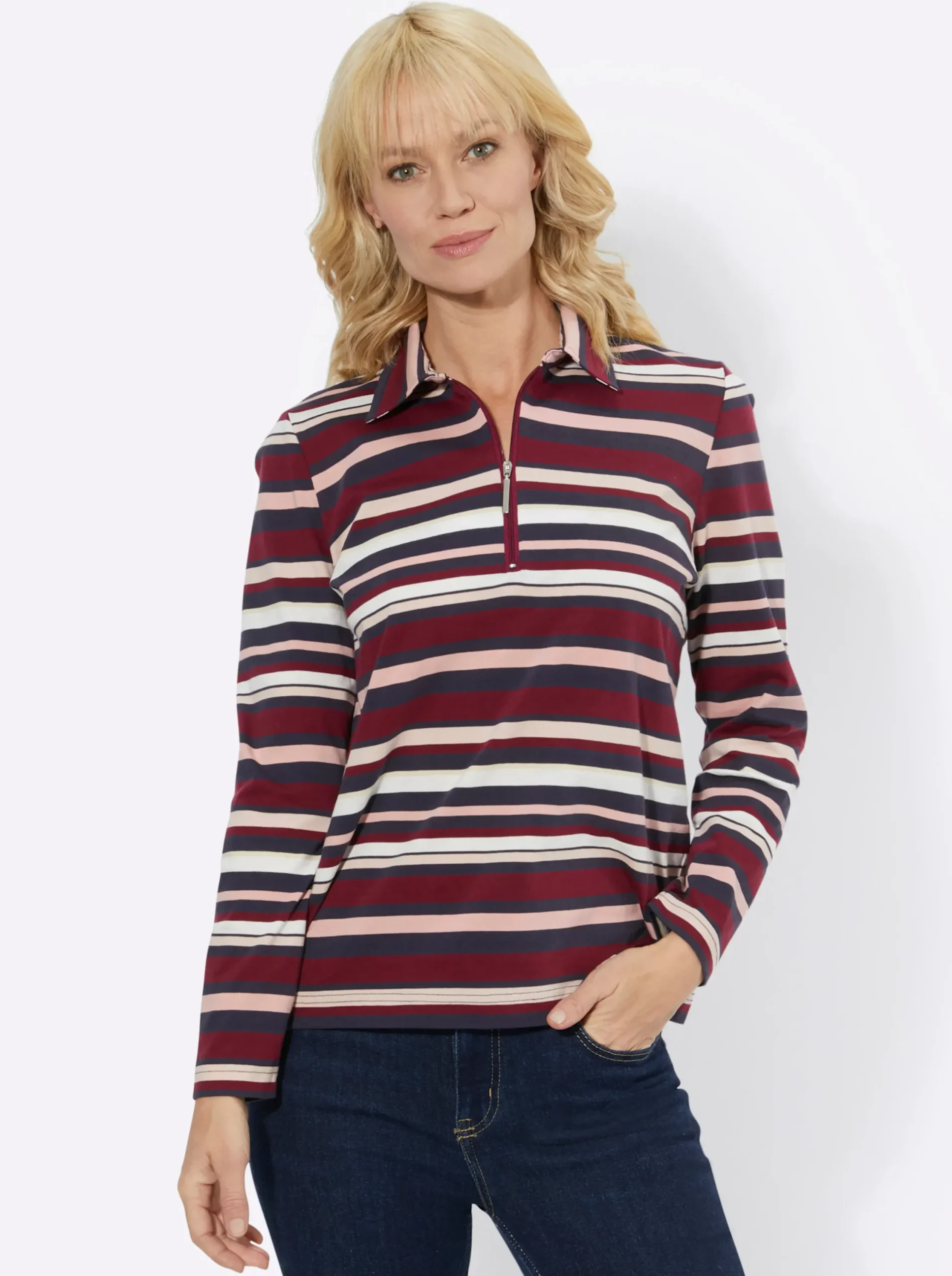 Shirts| Langarmshirt bordeaux-marine-geringelt