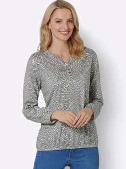 Shirts| Langarmshirt im Material-Mix steingrau-ecru-bedruckt
