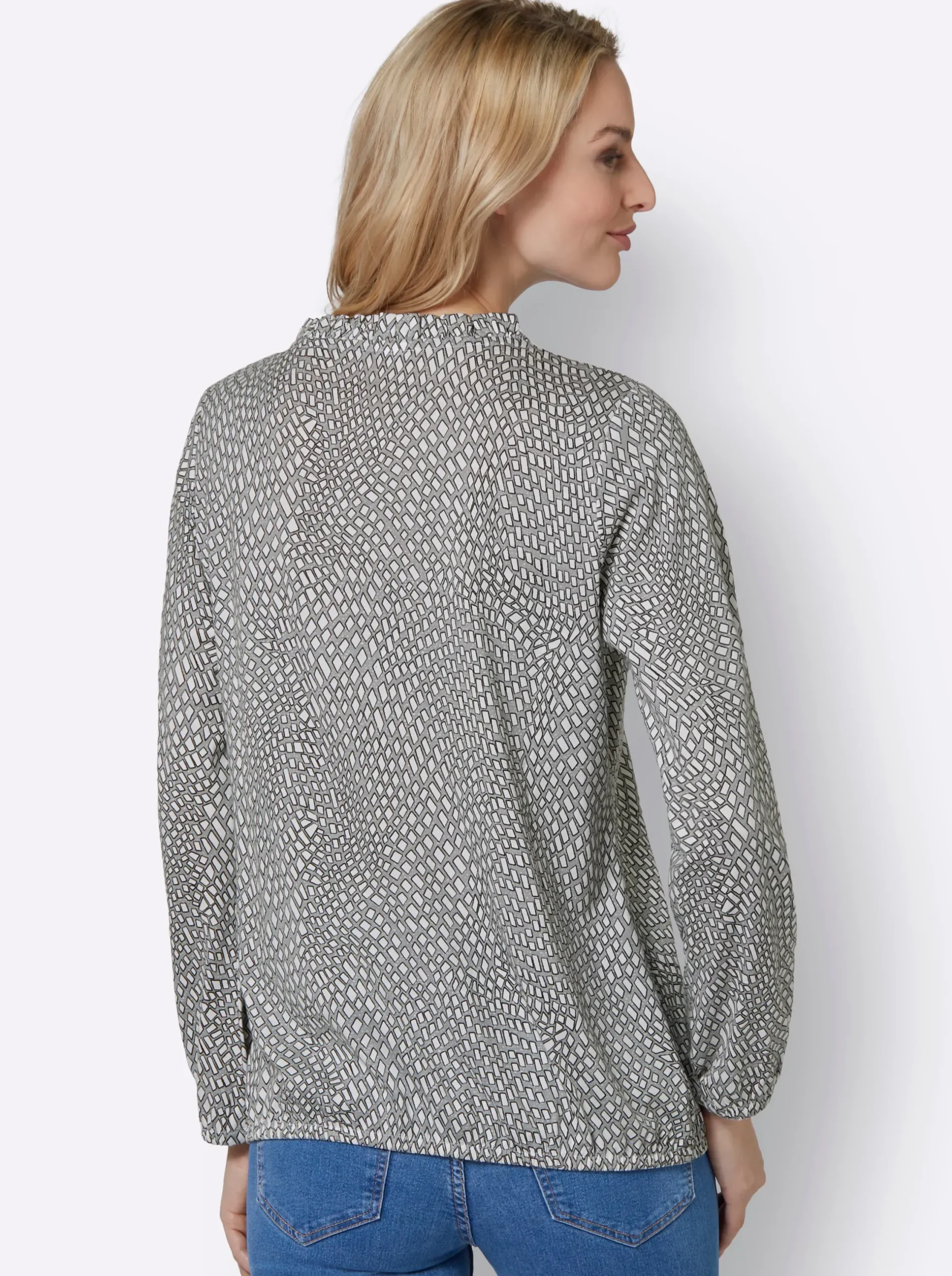 Shirts| Langarmshirt im Material-Mix steingrau-ecru-bedruckt