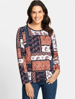 Shirts| Langarmshirt im Patchwork-Dessin rostrot-bedruckt