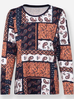 Shirts| Langarmshirt im Patchwork-Dessin rostrot-bedruckt