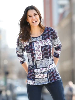 Shirts| Langarmshirt im Patchwork-Dessin marine-bedruckt