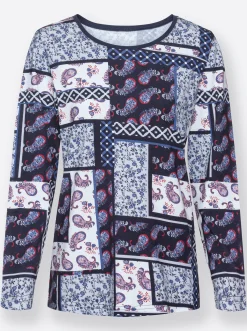 Shirts| Langarmshirt im Patchwork-Dessin marine-bedruckt