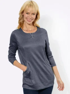Shirts| Langarmshirt in angerauter Qualität taubenblau-schwarz-meliert