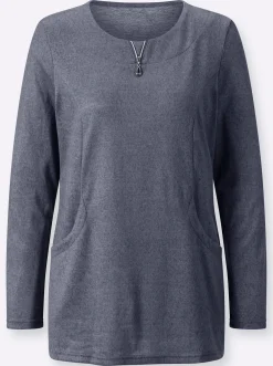 Shirts| Langarmshirt in angerauter Qualität taubenblau-schwarz-meliert
