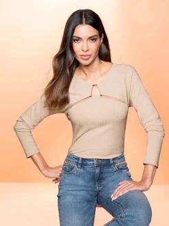Shirts|heine Langarmshirt mit Cut-out-Elementen elfenbein