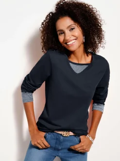Shirts| Langarmshirt mit garngefärbten Streifen marine