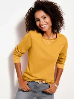 Shirts| Langarmshirt mit garngefärbten Streifen curry