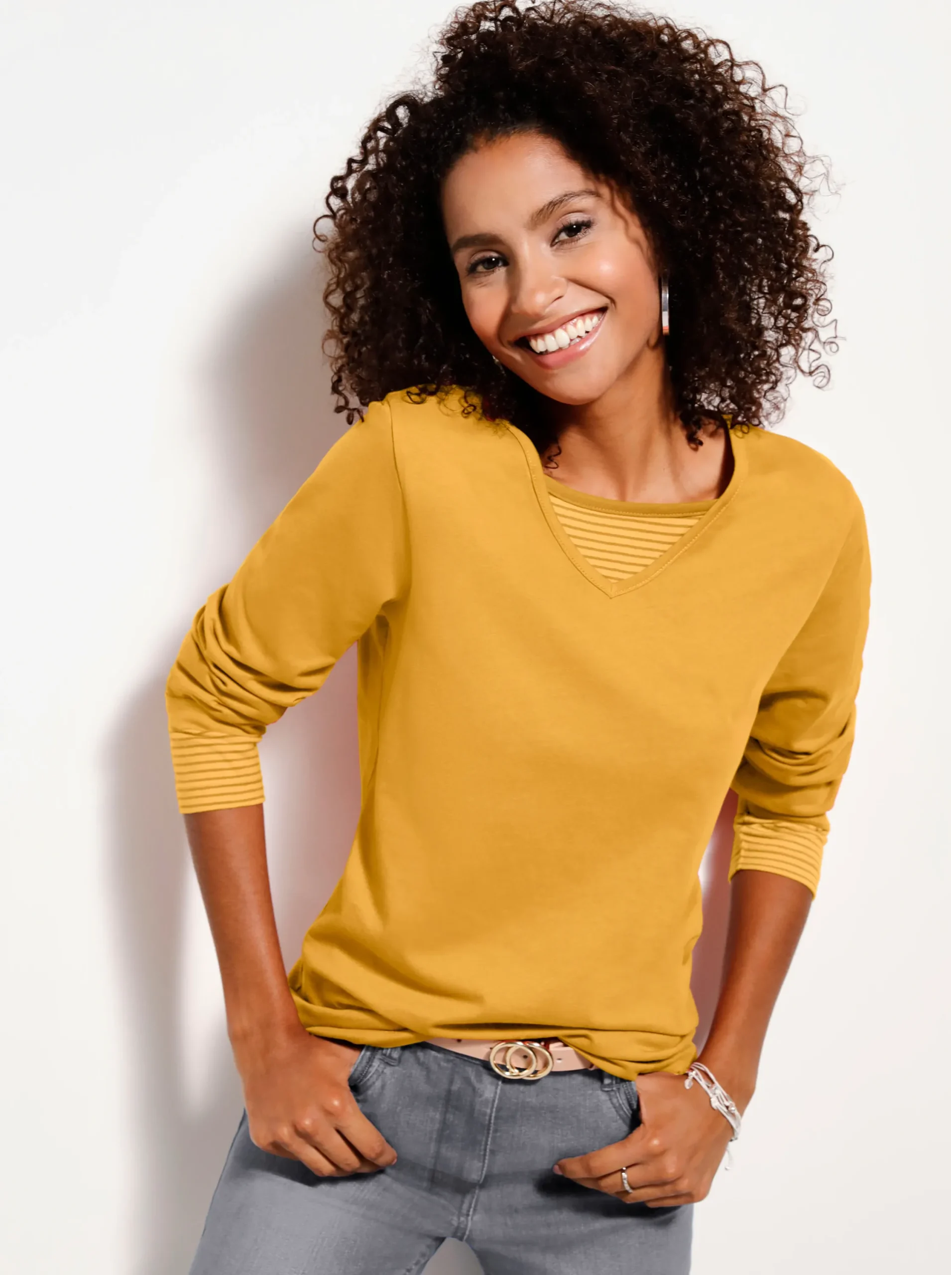 Shirts| Langarmshirt mit garngefärbten Streifen curry