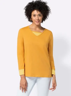 Shirts| Langarmshirt mit garngefärbten Streifen curry