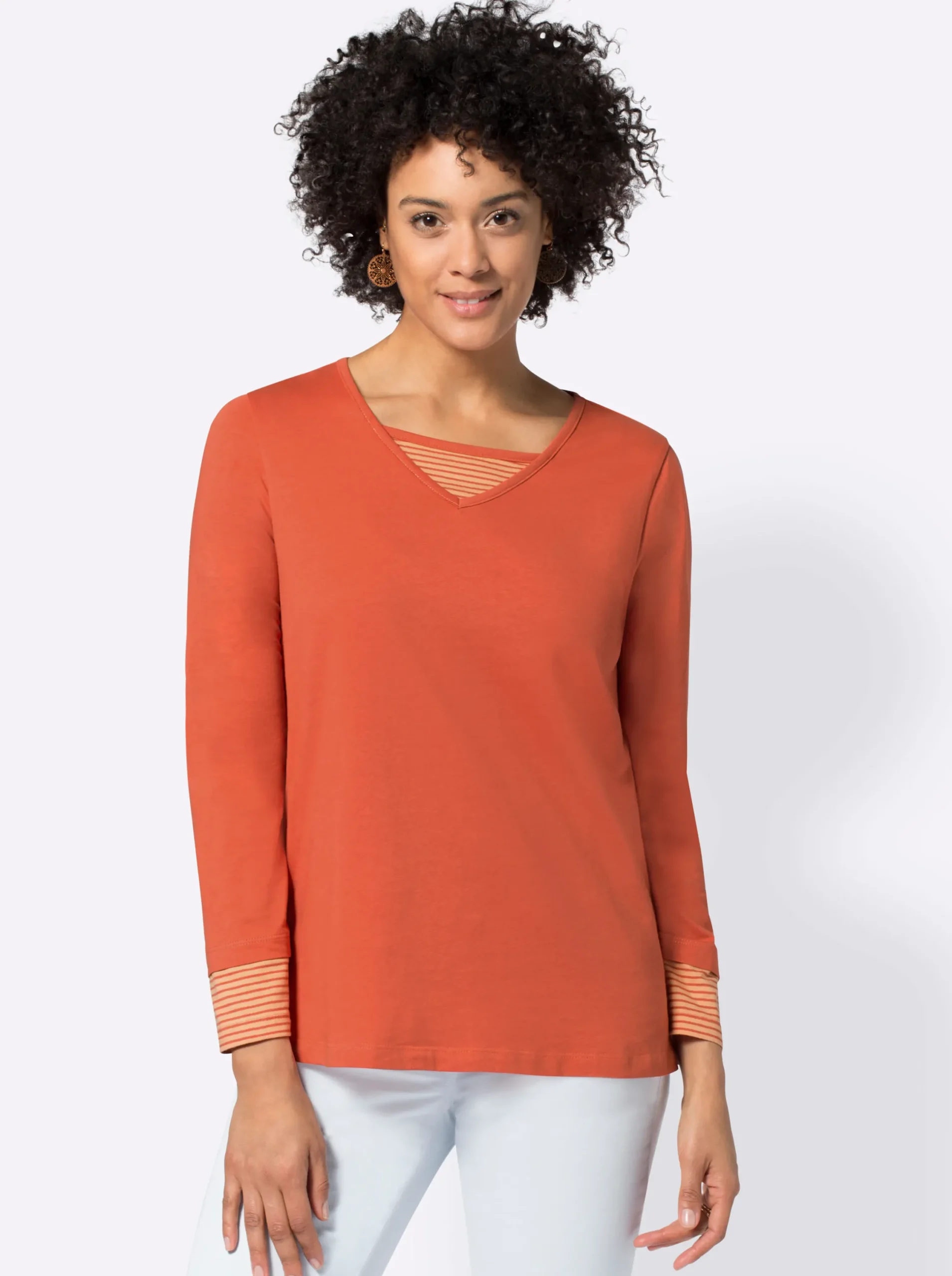 Shirts| Langarmshirt mit garngefärbten Streifen terrakotta