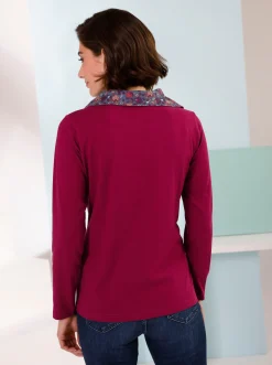 Shirts| Langarmshirt mit geblümten Troyerkragen bordeaux