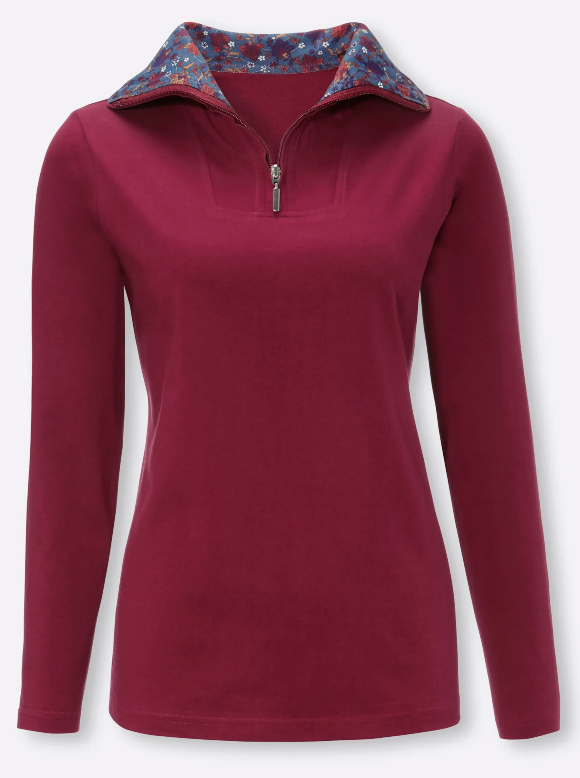 Shirts| Langarmshirt mit geblümten Troyerkragen bordeaux