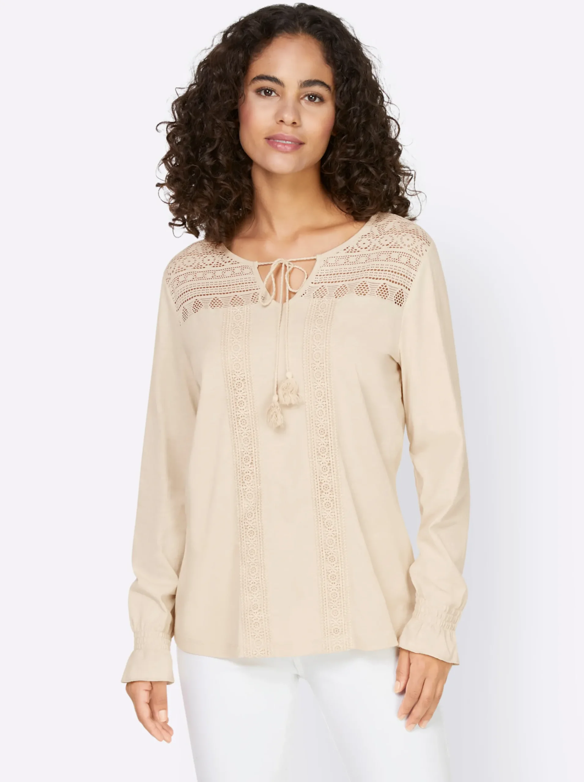 Shirts|heine Langarmshirt mit gesmoktem Ärmelbündchen sand